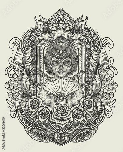 illustration vector geisha with rose flower on antique engraving pattern
