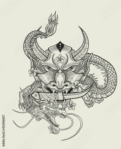 illustration vector oni mask with Dragon