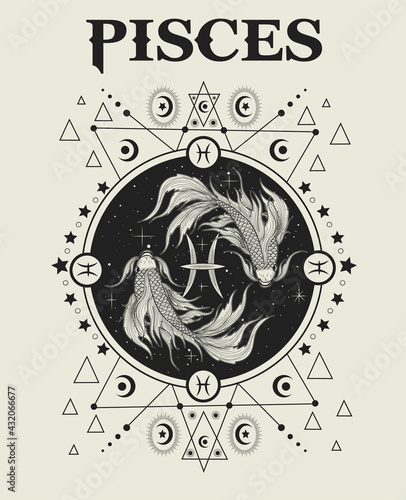 illustration Pisces zodiac symbol monochrome style