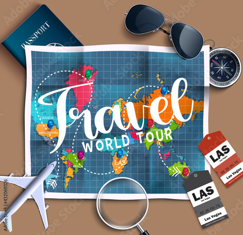 Travel world tour vector design. Travel world tour text with traveling element like map, sunglasses, airplane and magnifying glass for international trip and tour. Vector illustration
