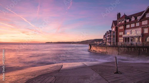 Sandsend beach and seafront motion timelapse. Blue hour dawn through sunrise, nr. whitby, north york moors national park photo