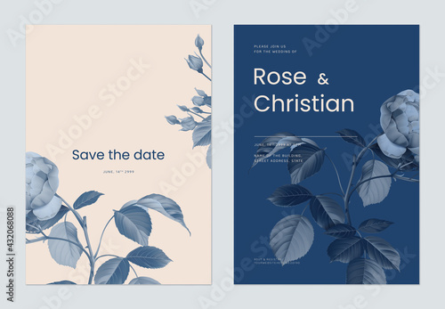 Floral wedding invitation card template design, blue roses and leaves on brown and dark blue