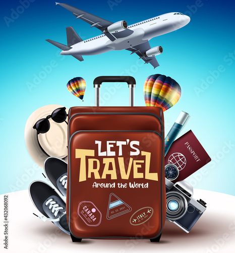 Let's travel around the world vector design. Let's travel around the world text with luggage, sneakers, passport, and camera traveling elements for international tour. Vector illustration
