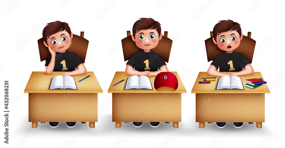Male student character vector set. Boy back to school 3d characters in studying and sitting in desk isolated in white background for educational school student collection design. Vector illustration
Male student character vector set. Boy back to school 3d characters in studying and sitting in desk isolated in white background for educational school student collection design. Vector illustration