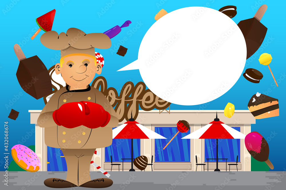 Fototapeta premium Fat male cartoon chef in uniform holding his fists in front of him ready to fight wearing boxing gloves. Vector illustration.