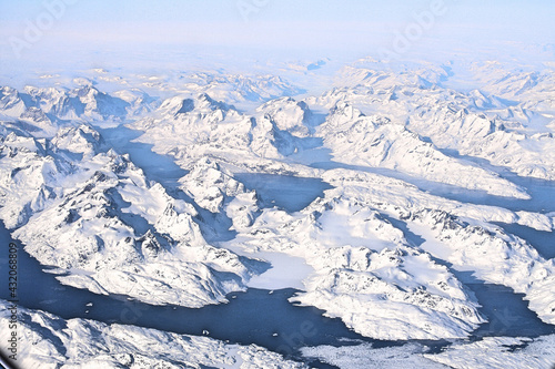 Aerial view of the snowy landscapes of the Arctic Archipelago in winter