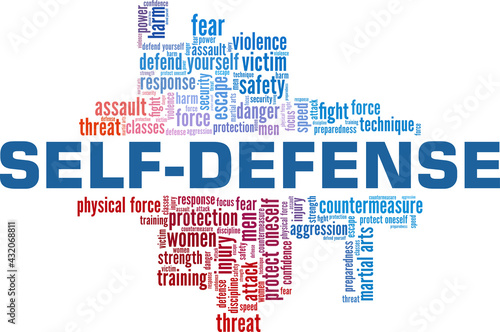 Self-defense vector illustration word cloud isolated on a white background.