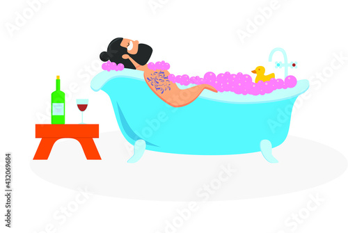 hipster man with tattoo in bathroom with pink foam on white background with wine