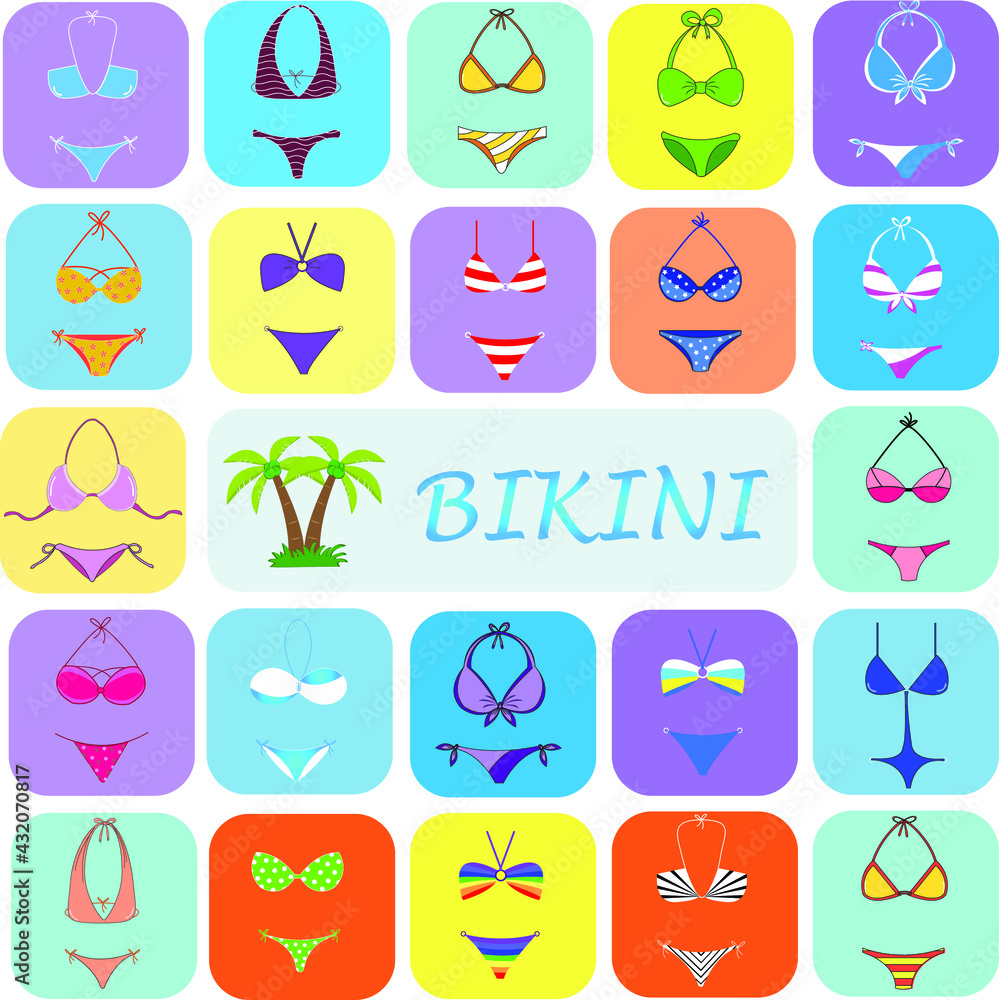 Vector illustration of women s bikini set, collection of bright colors swimsuit ,Modern, fashion bikini.
