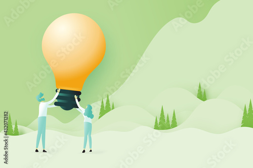 Male and female holding big light bulb.Green nature forest and mountains landscape scenery banner background.Website Landing page.Paper art vector illustration