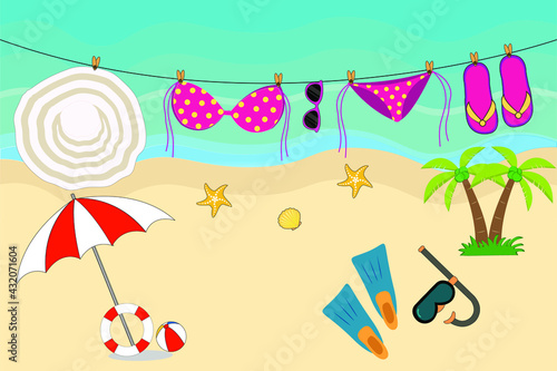 beach umbrella hat flip flops beach ball,bikini, starfish beach holiday vector background.