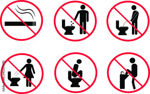 Access use warning in toilet , Do not urinate into the toilet pan,Do not litter,No Sanitary Pad down the Toilet,vector set.