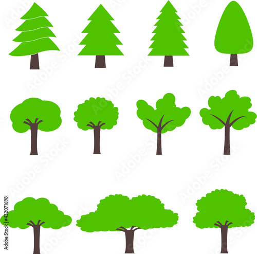 Tree icon set. Green plants with leafs. Forest and garden symbol. Vector illustration.