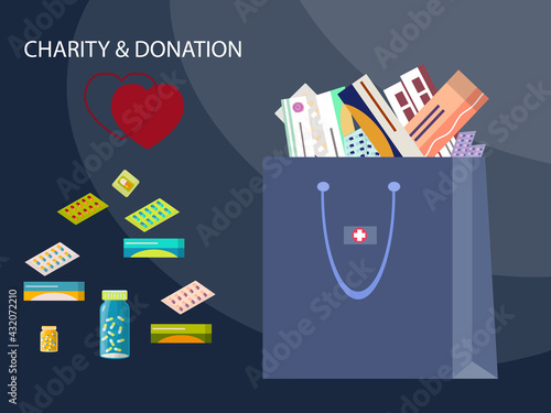 Charity and donation. Medicine chest, first aid kit, vector illustration. Help and philanthropy concept. Volunteering and free humanitarian aid for medicines. Sponsorship. Poor, sick, needy, person