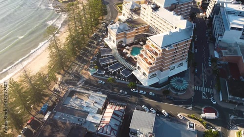 Drone aerial shot of main town suburbs businesses Crowne Plaza The Beery Terrigal Beach Central Coast NSW Australia 3840x2160 4K photo