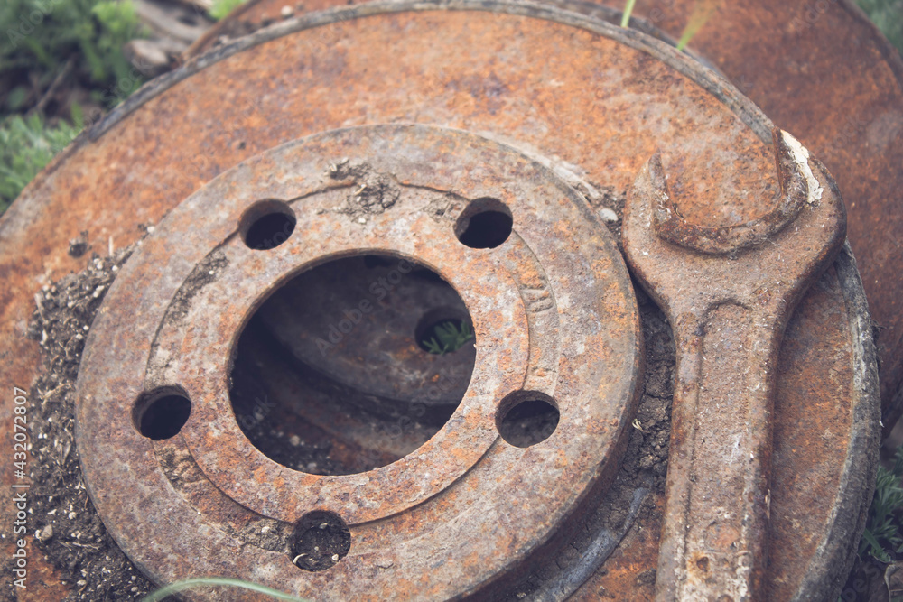 Rusty brake discs for cars. Old car parts. Rusty brake discs for cars. Old car parts.