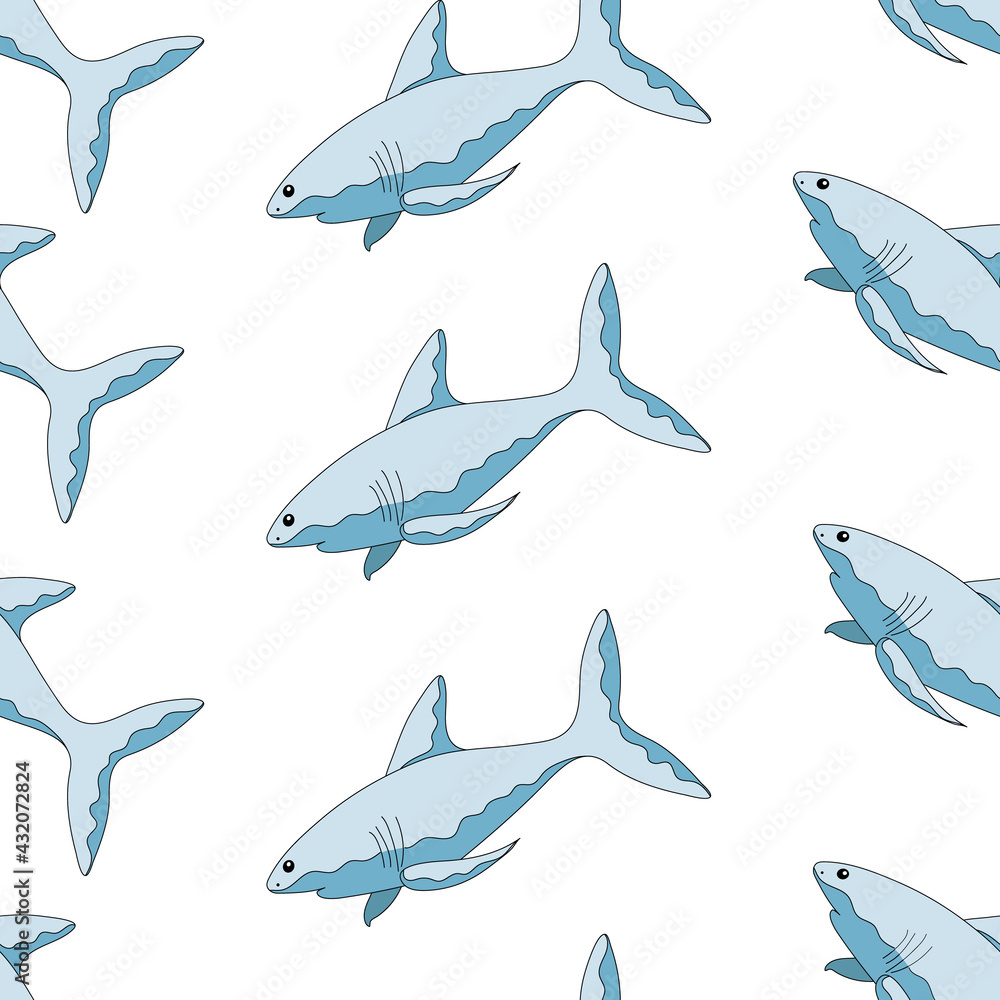 Seamless pattern shark. Hand drawing. Cartoon style. Vector illustration. Blue shark in white background. Seamless pattern shark. Hand drawing. Cartoon style. Vector illustration. Blue shark in white background.