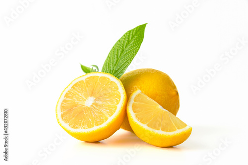 Lemon fruit with leaf isolated white background.