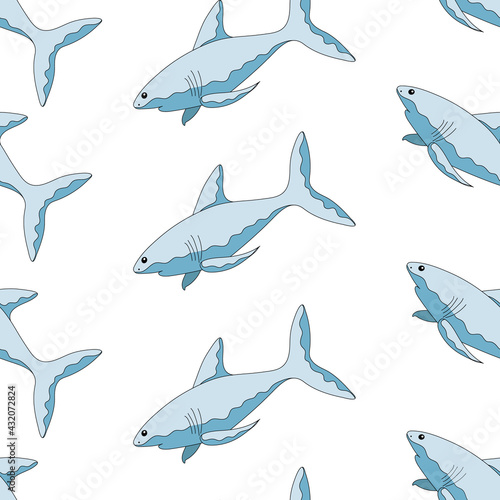 Seamless pattern shark. Hand drawing. Cartoon style. Vector illustration. Blue shark in white background.