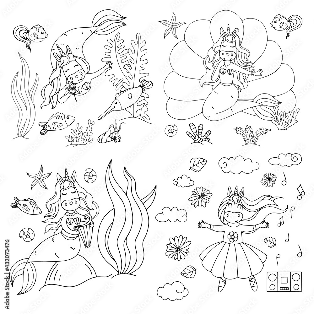 Obraz premium Set of illustrations of cute unicorns in cartoon style