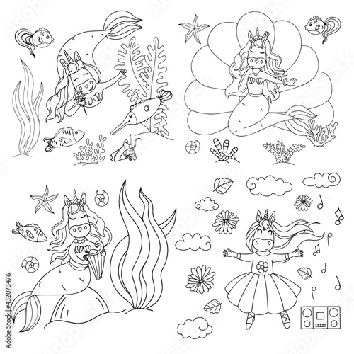 Set of illustrations of cute unicorns in cartoon style