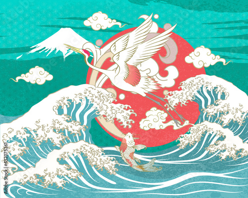 Abstract Art White Crane Flying with Wings Above Japanese Torrential wave, Red Sun with Water Splash and Golden Clouds and Fuji Mountain On Blue Background with Sakura Repeat Pattern Vector Graphics