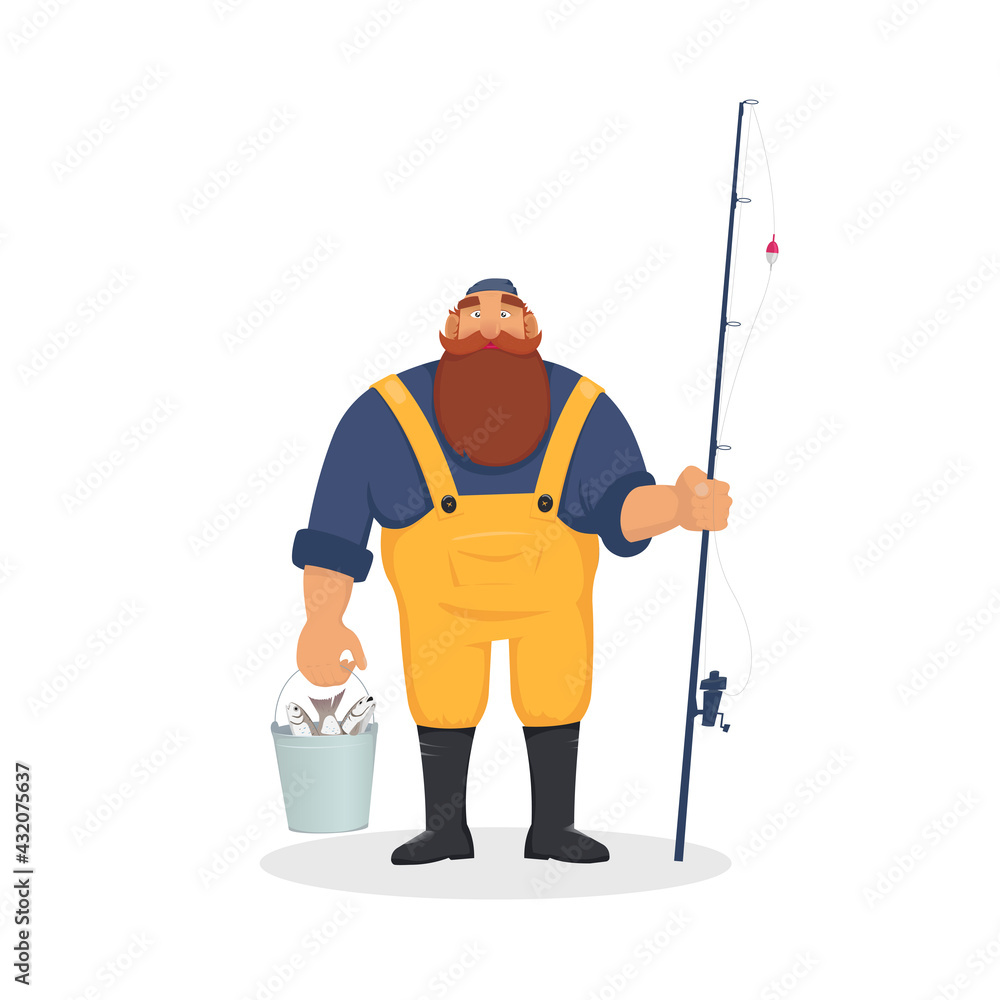 Big fisherman with fish in a bucket and a fishing rod cartoon illustration on white background Big fisherman with fish in a bucket and a fishing rod cartoon illustration on white background