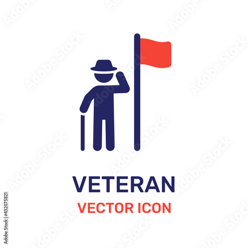 Veteran, military army soldier giving salute in front of national flag icon vector illustration