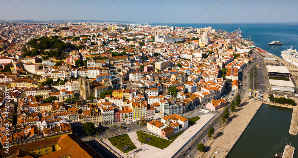 Panorama from drone of Lisbon historical center and oldest city church Se Cathedral