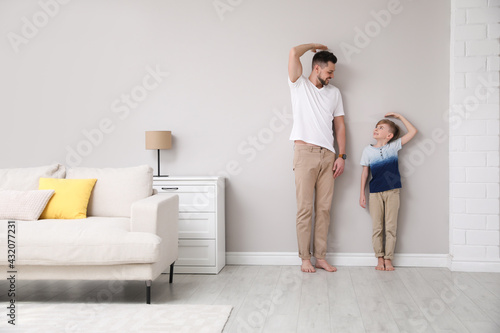 Father and son comparing their heights near wall in living room photo