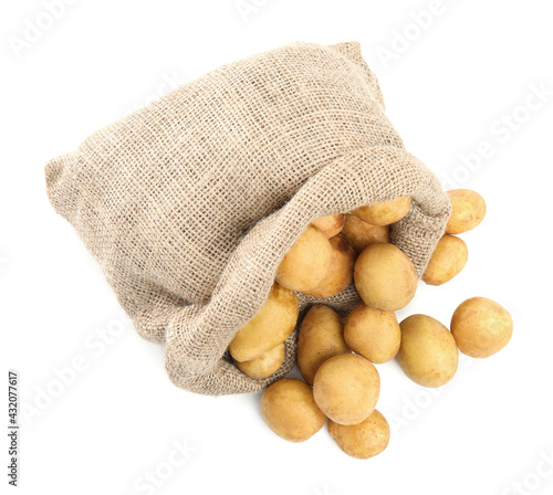 Raw fresh potatoes and sack on white background, top view