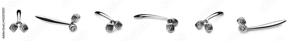 Set with metal face rollers on white background. Banner design Set with metal face rollers on white background. Banner design