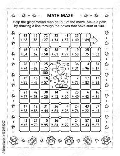 Math maze and coloring page with gingerbread man cookie: Make a path by drawing a line through the boxes that have sum of 100.
