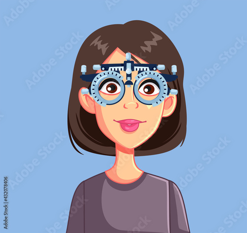 Woman at Eye Check Consult Wearing a Trial Frame