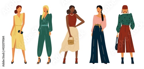Fashion models in design clothes vector hand drawn illustration. Woman in stylish dress set of characters. Mannequins in fashion outfit