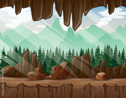 A forest view from inside the cave