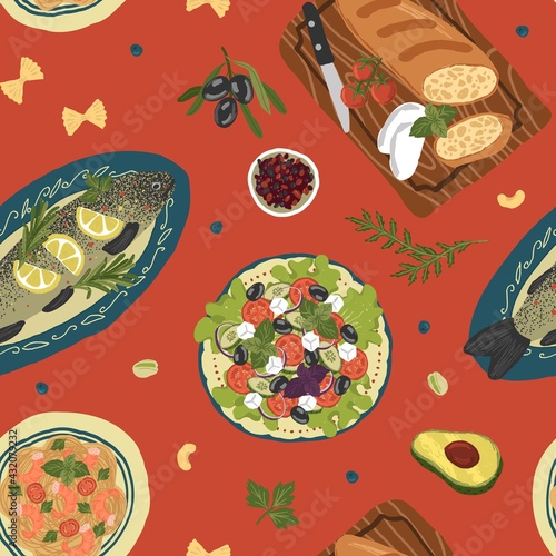 Top view table with mediterranean food seamless pattern. Vector hand drawn illustration. Healthy food, meals with fish, salad and vegetables
