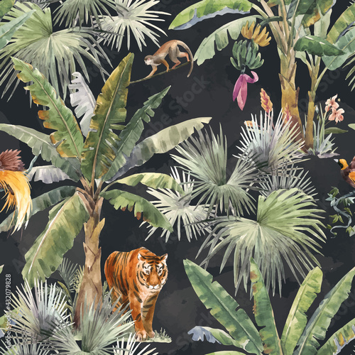 Beautiful vector seamless pattern with watercolor tropical palms and jungle animal tiger. Stock illustration.