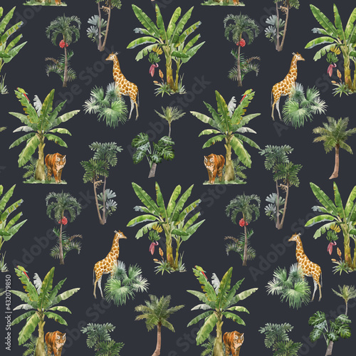 Beautiful vector seamless pattern with watercolor tropical palms and jungle animals tiger, giraffe, leopard. Stock illustration.