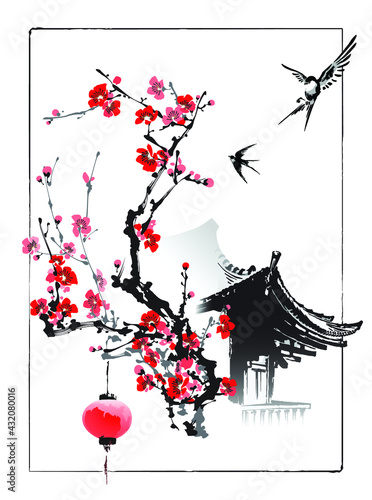 Blooming sakura branch. Swallows are circling over the roof of the house. Vector illustration in traditional Japanese style.