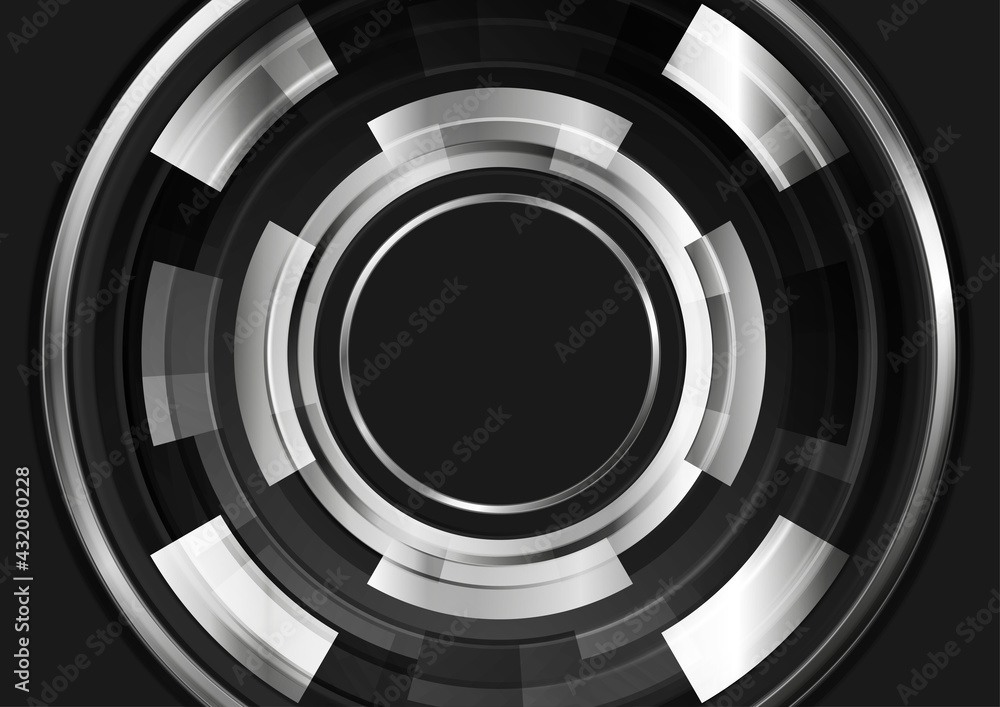 Fototapeta premium Black and metallic glossy circles gears abstract tech background. Vector futuristic design
