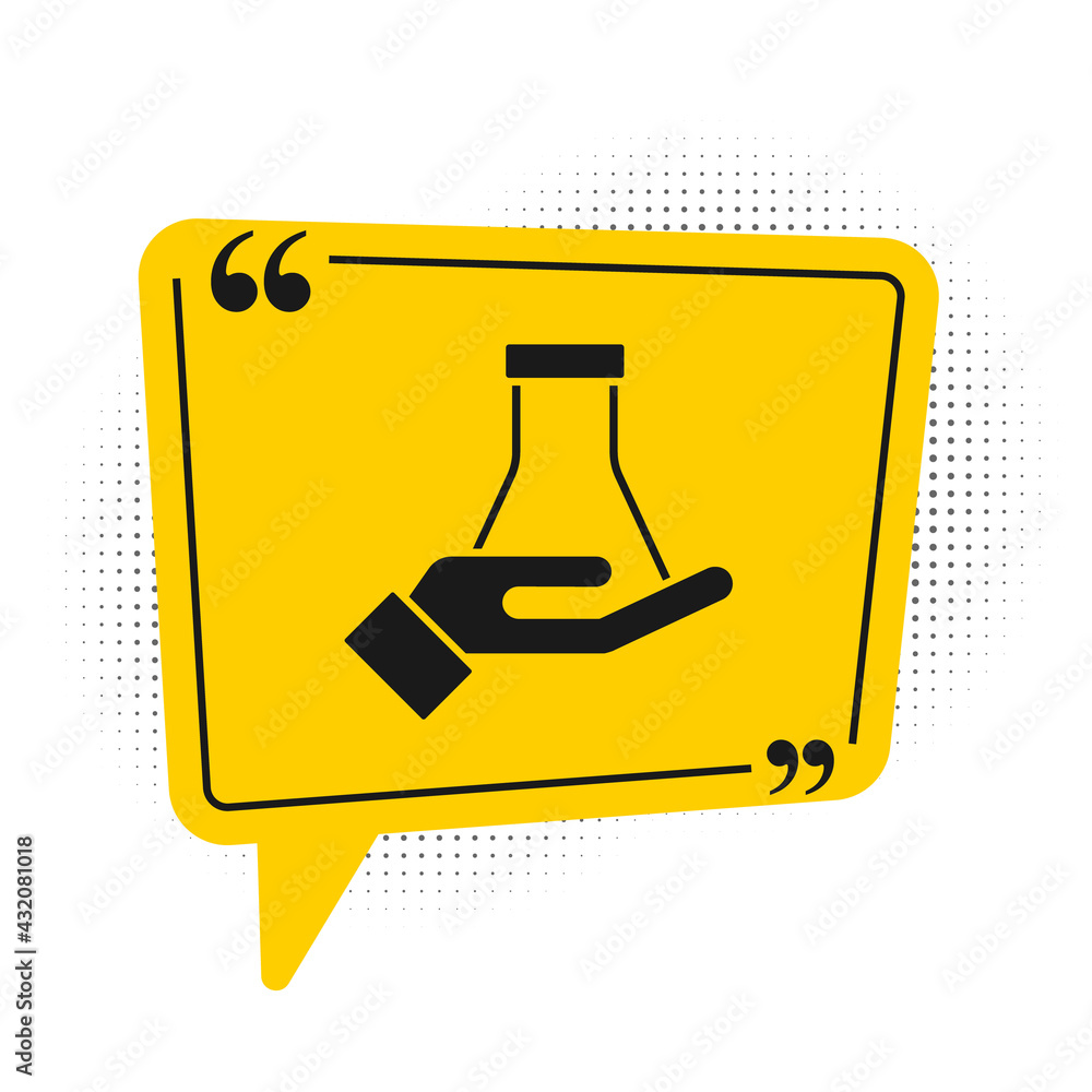 Black Test tube and flask chemical laboratory test icon isolated on white background. Laboratory glassware sign. Yellow speech bubble symbol. Vector
