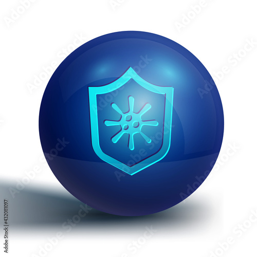Blue Shield protecting from virus, germs and bacteria icon isolated on white background. Immune system concept. Corona virus 2019-nCoV. Blue circle button. Vector