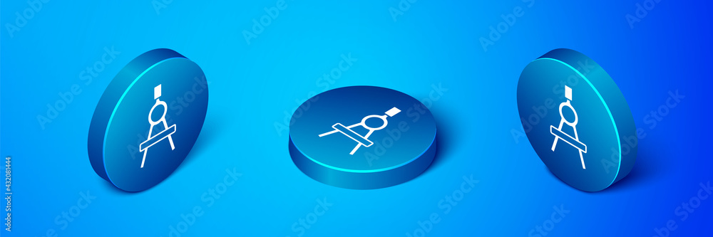 Isometric Drawing compass icon isolated on blue background. Compasses sign. Drawing and educational tools. Geometric instrument. Blue circle button. Vector Isometric Drawing compass icon isolated on blue background. Compasses sign. Drawing and educational tools. Geometric instrument. Blue circle button. Vector