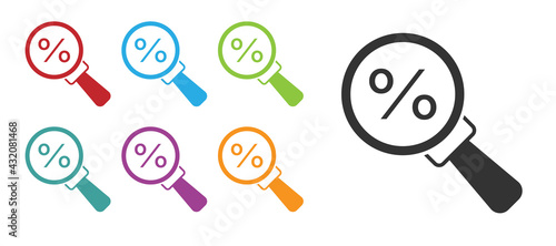 Black Magnifying glass with percent icon isolated on white background. Discount offers searching. Search for discount sale sign. Set icons colorful. Vector