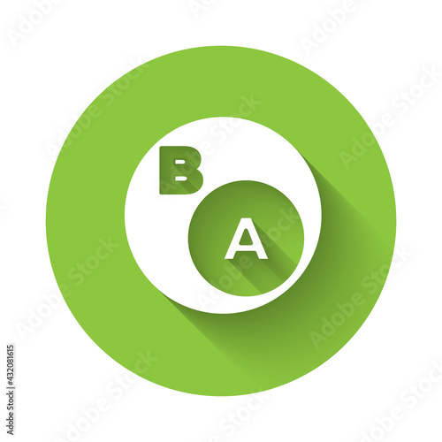 White Subsets, mathematics, a is subset of b icon isolated with long shadow. Green circle button. Vector