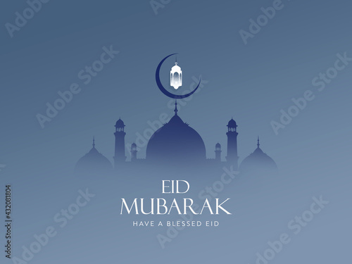 Eid Mubarak Islamic Design Crescent Moon and Mosque lantern