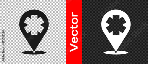 Black Medical map pointer with cross hospital icon isolated on transparent background. Vector