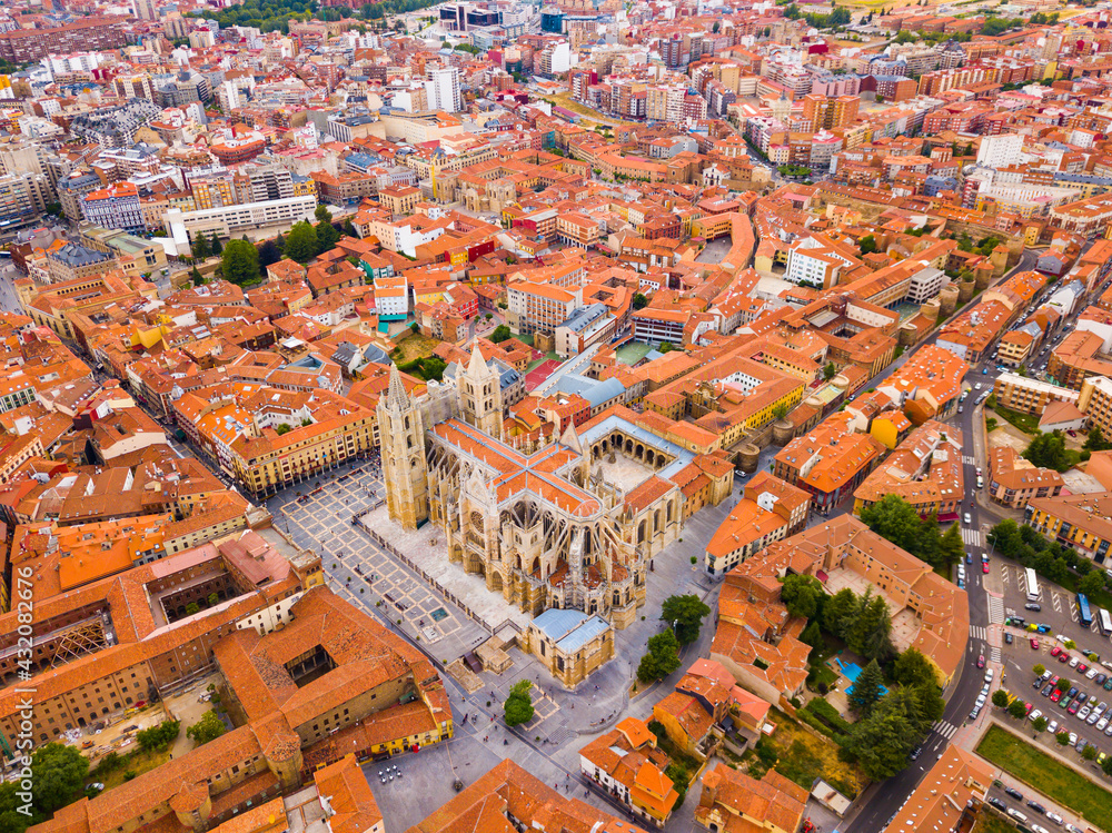Aerial view of Leon cityscape with ancient Santa Maria de Leon Cathedral, Spain