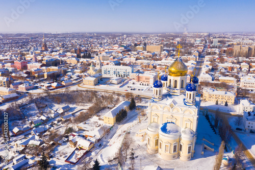 Scenic aerial view of main Orthodox church in Russian city of Yelets, five domed Ascension Cathedral on sunny winter day photo